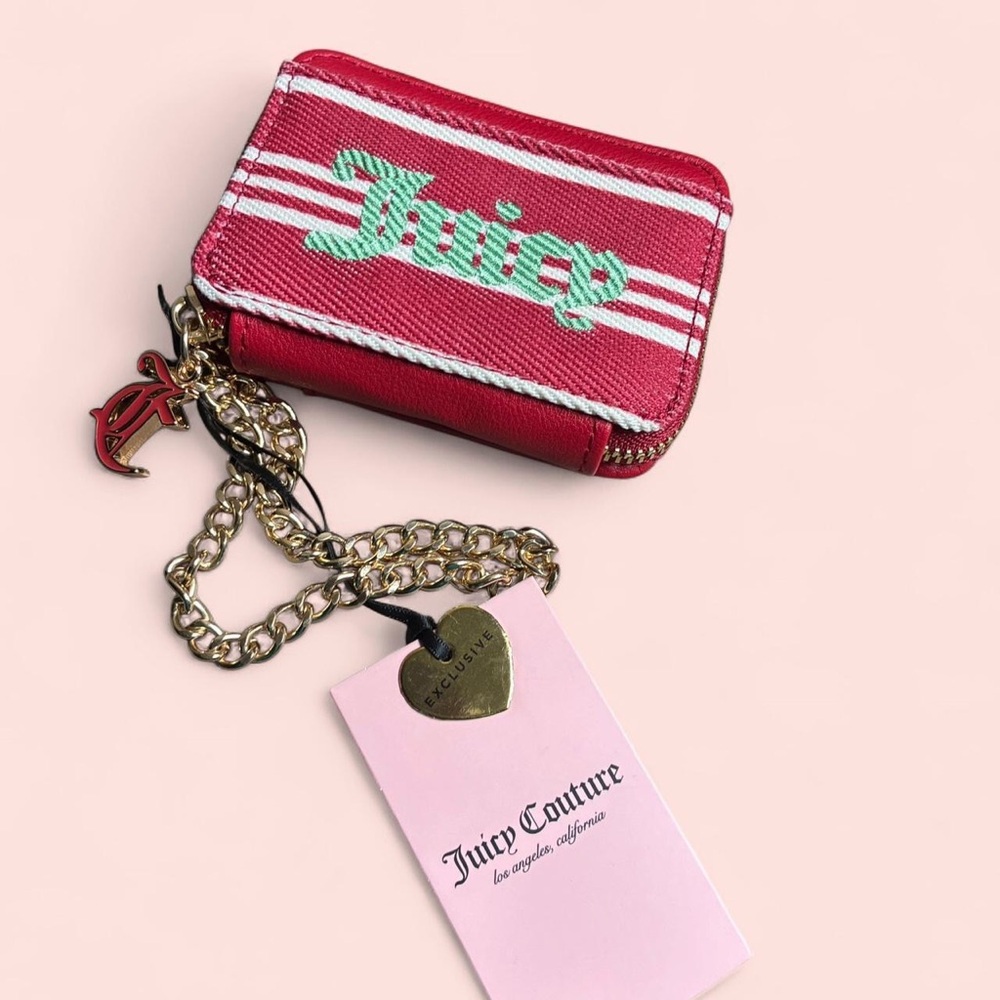 Juicy Couture Red Wallet with Green Logo and Gold Chain